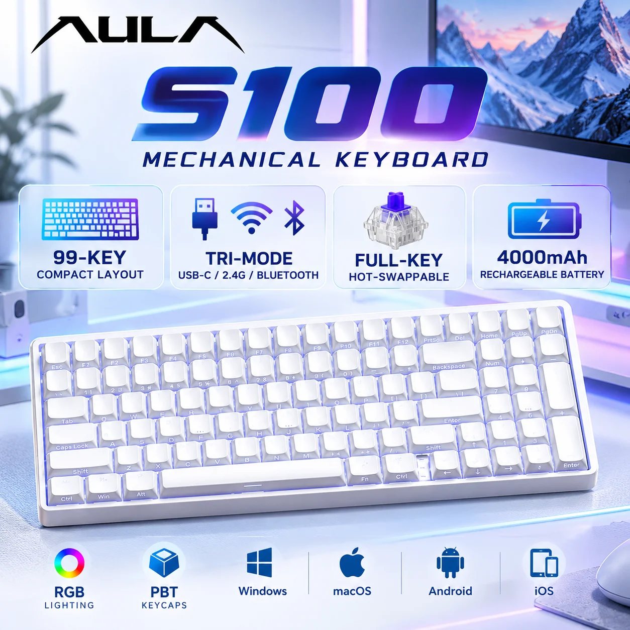 AULA S100 Mechanical Keyboard 99 Keys Tri Mode Wireless 2.4G Bluetooth RGB Hot Swappable PBT Keycaps 4000mAh