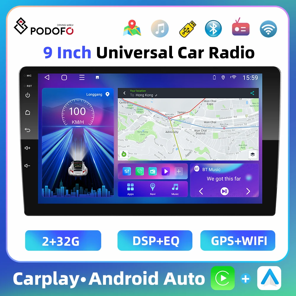 Podofo 8Core 9'' Car Stereo WIFI&4G 2+32G Multimedia Player Carplay Android Auto GPS Navigation Bluetooth AI Voice DSP Car Audio