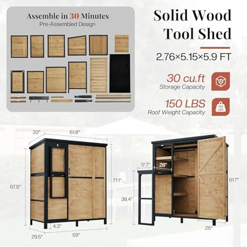 Sturdy Fir Wood Outdoor Storage Shed with Sloped PVC Roof • Foldable Side Workstation • Adjustable Shelving • Raised Slatted Bas
