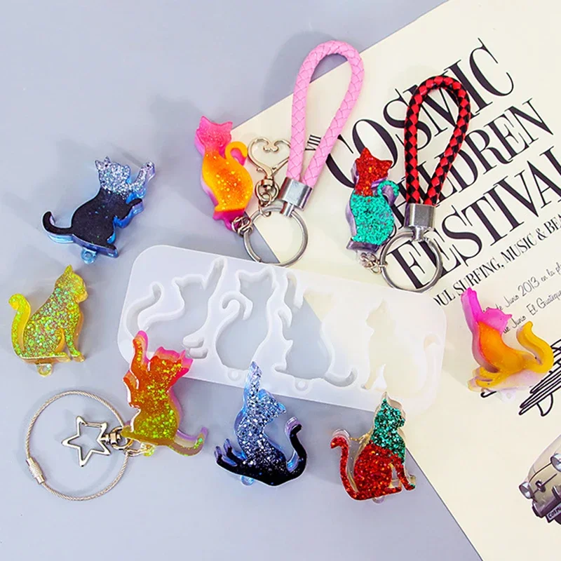 DIY Cat Shape Keychain Pendants Crystal Mirror Epoxy Resin Silicone Mold Cat Mold / Lamp Hole Cat Mold Pendants Crafts