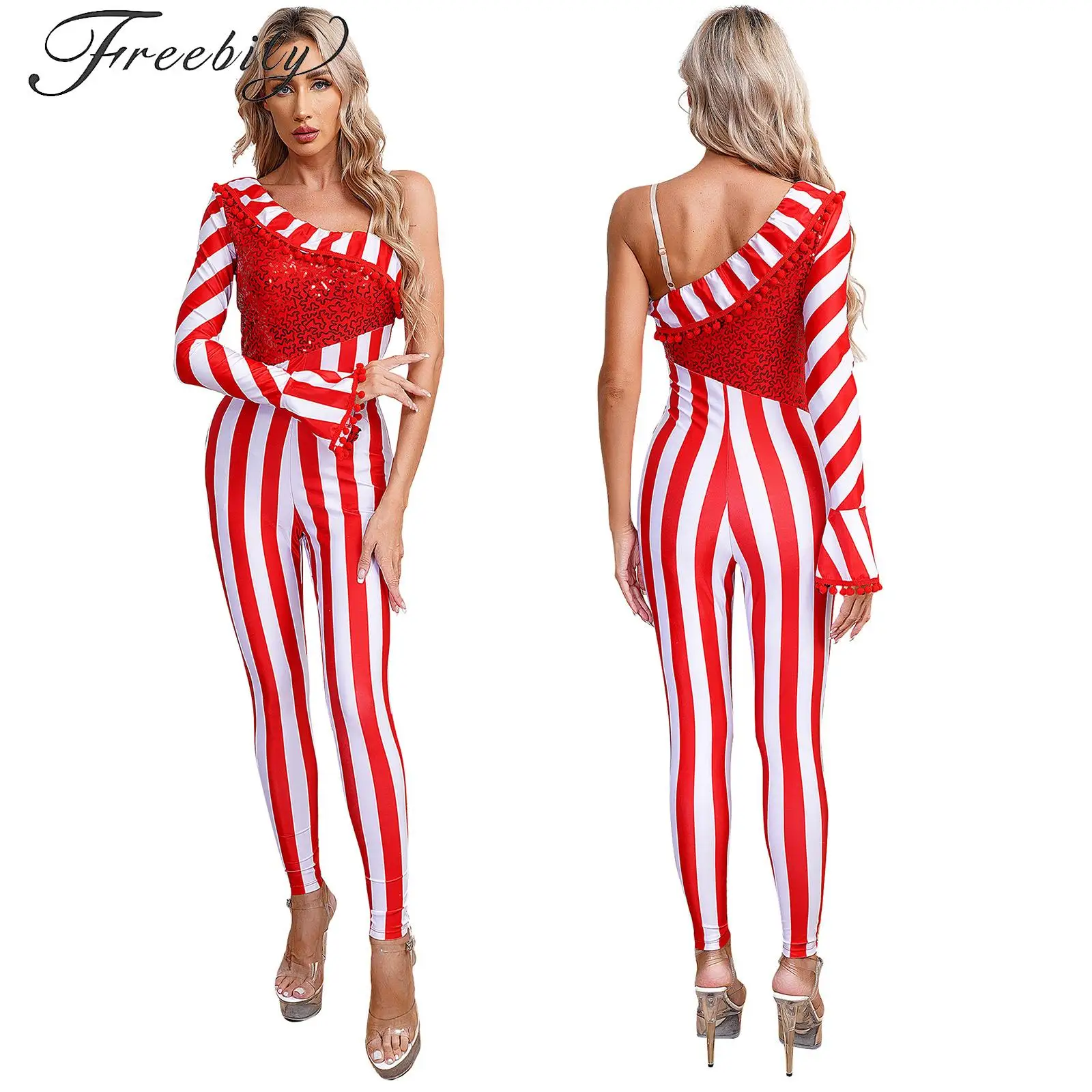 

Womens Christmas Gymnastics Leotard Costume Candy Cane Sequin Dance Jumpsuit One Shoulder Xmas Striped Ballet Full Body Suit