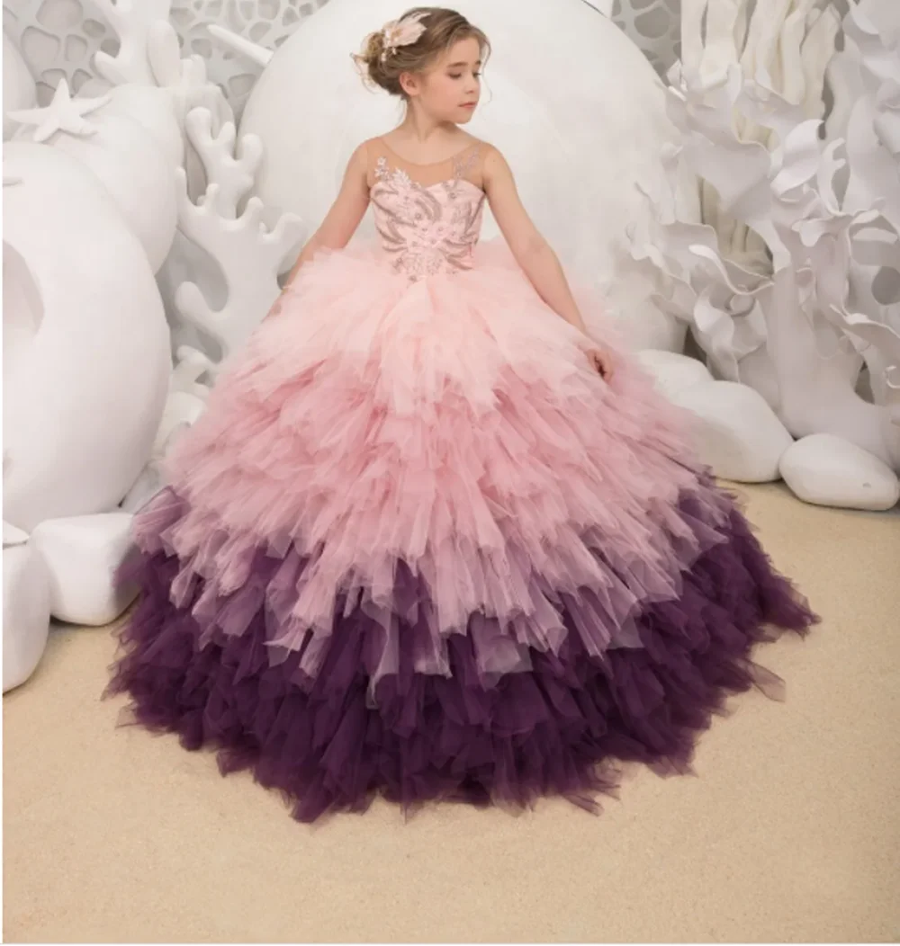 

Puffy Long Pink Flower Girl Dresses Tulle Ruffles Applique Sleeveless Wedding Princess Birthday Party First Communion Gowns