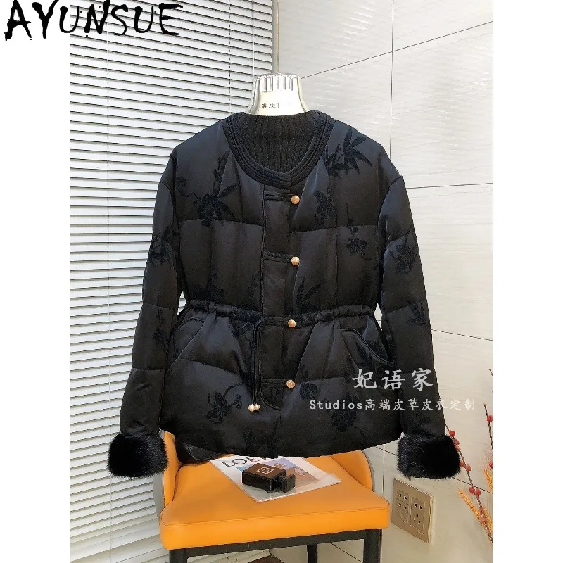 AYUNSUE Women's Goose Down Jackets Chinese Style Embroidered Outerwears O-neck Mink Fur Cuff Winter Jacket Woman Clothes Casaco