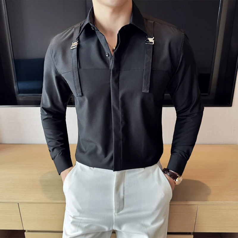 2024 Strap Decoration Casual Shirt Men Summer Long Sleeved Casual Business Dress Shirts Social Party Tuxedo Blouse Men Clothing