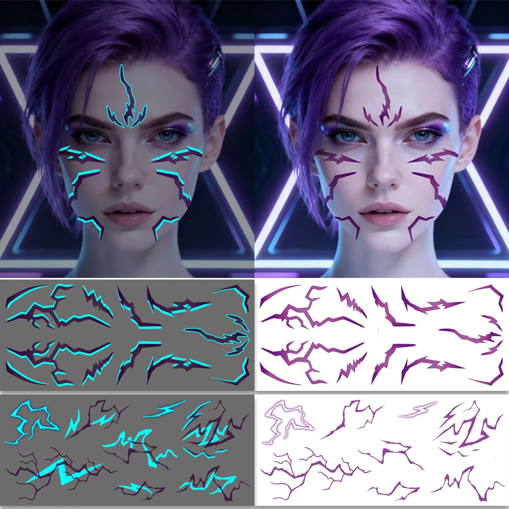 2 Sheets KPOP Luminous Temporary Tattoos, Glow-in-the-Dark Purple Lightning Makeup Stickers, Gothic Kpop Body Art Tattoos, Gifts