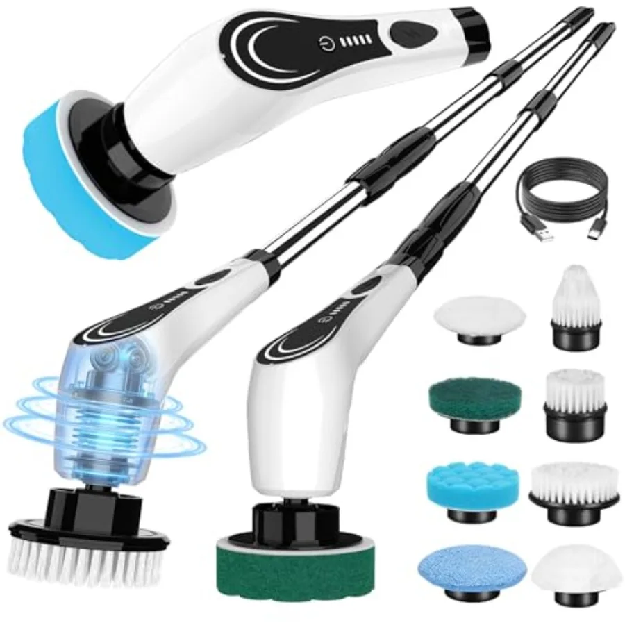 

Electric Spin Scrubber Cordless Power Scrubber with 8 Replaceable Floor Machine Pads 2-Speed Adjustable Handle Shower Scrubber