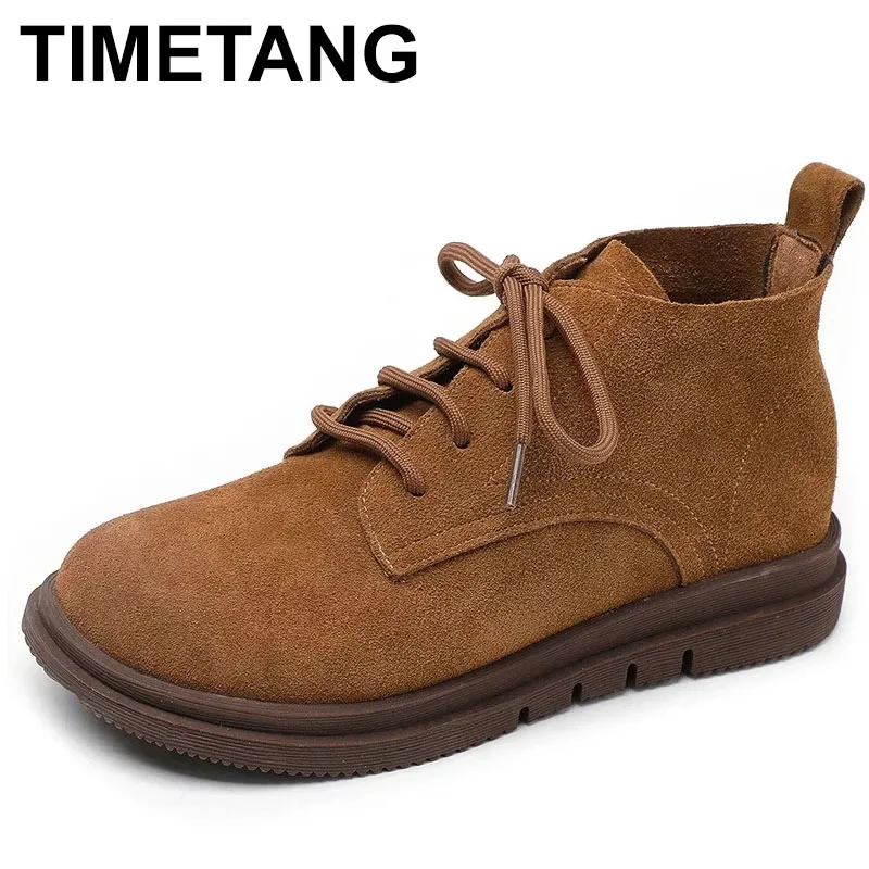 

2025 Ladies Women Literary Retro Suede Ankle Boots Lace-Up Comfort Motorcycle Boots Handmade Student Casual Short Boots