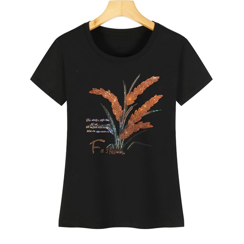 

Fashion Rhinestone Rice Sheaf Women's Short Sleeve Casual T-Shirt for Summer