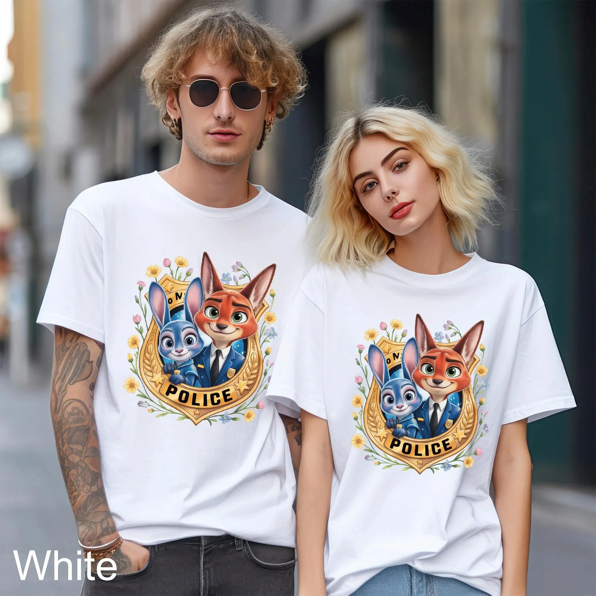 Zootopia Police Badge Shirt Judy Hopps and Nick Wilde T-shirt Printed Pattern T-shirt Couple Family Short-sleeved