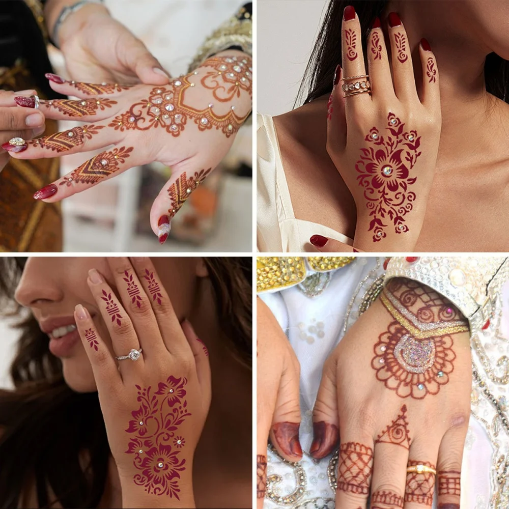 

8 Bottles Multicolor Henna Tattoo Paste 12PCS Henna Tattoo Stencils Flower Tattoo Template Women Body Art Henna Temporary Tattoo