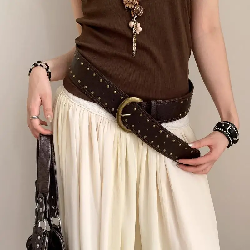 حزام برشام نسائي على الطراز القوطي حزام خصر جلدي عالي التحمل Y2k فستان فاسق حزام جينز إكسسوارات الخصر