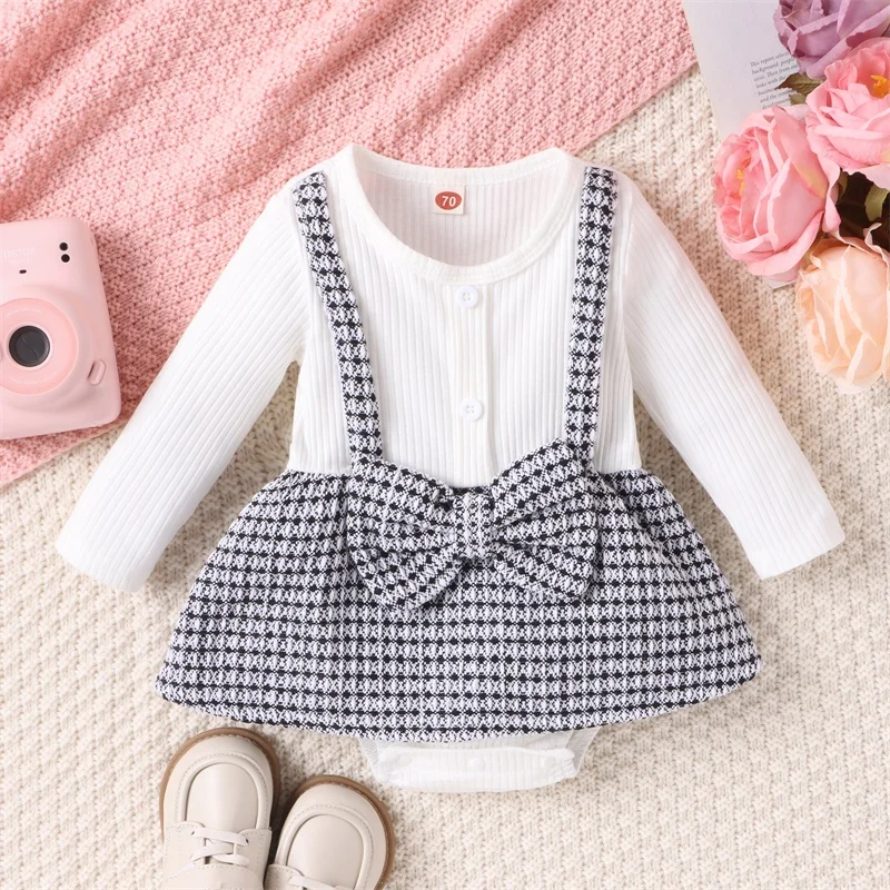 

Baby Girls Long Sleeve Rompers Infant Houndstooth Loose Fit Ribbed Bodysuit Newborn Jumpsuits for Winter