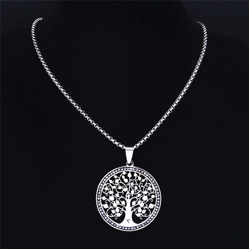 Tree of Life Stainless Steel Necklaces for Men/Wmen Blacke Crystal Pendant Necklace Jewelry arbre de vie acier inoxydable N50S02