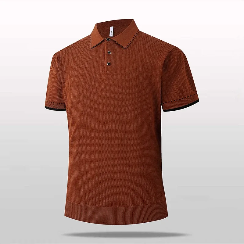 Men's Ice Silk Knit Polo Shirt Summer Short Sleeve Lapel Slim Fit Stretch Cool Touch Casual Breathable Top