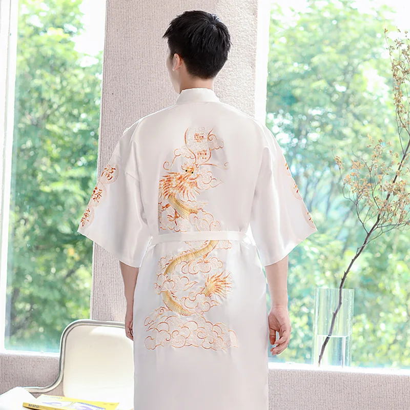 Casual Satin Half Sleeve White Soft Bathrobe Gown Embroidery Dragon Men Japanese Kimono Robe Chinese Traditional Yukata