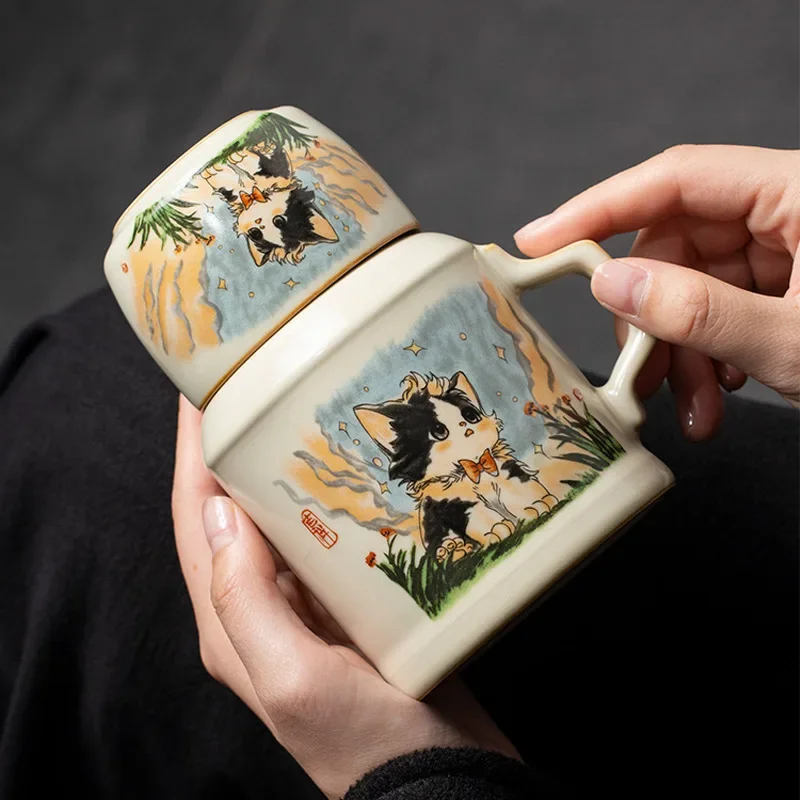 400ML Ru Kiln Starry Sky Cat Small Warm Pot Ceramic Cute Cat Braised Teacup High-end TeaSet TeaCup Outdoor Portable Drinking Cup