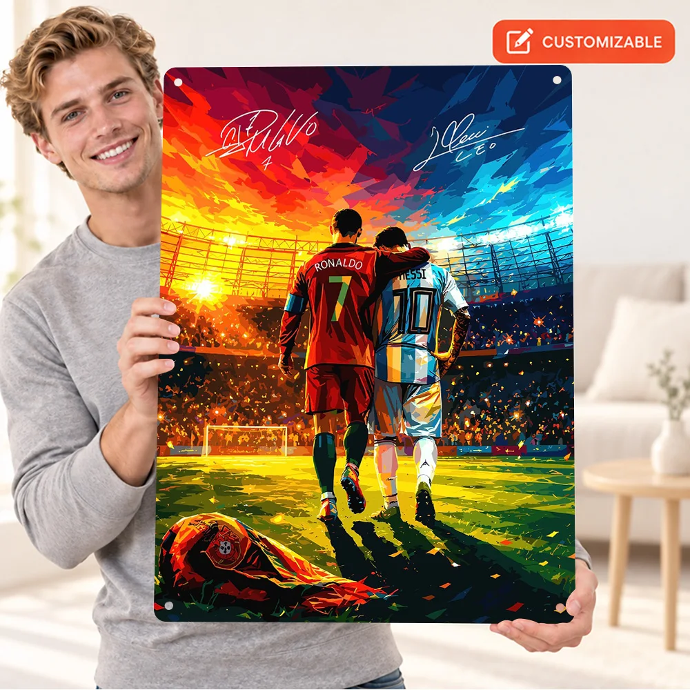 Cristiano Ronaldo And Lionel Messi Football Players Aluminum Poster Customized Metal Sign Minimalist Style Wall Art For Home Gym