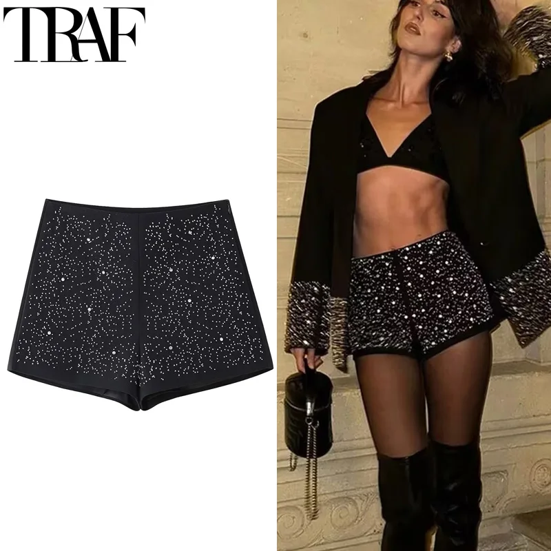 TRAF Women's Shorts Bead Black Mini Shorts Woman Spring 2025 Rhinestone Baggy Short Pants Women Casual High Waisted Shorts