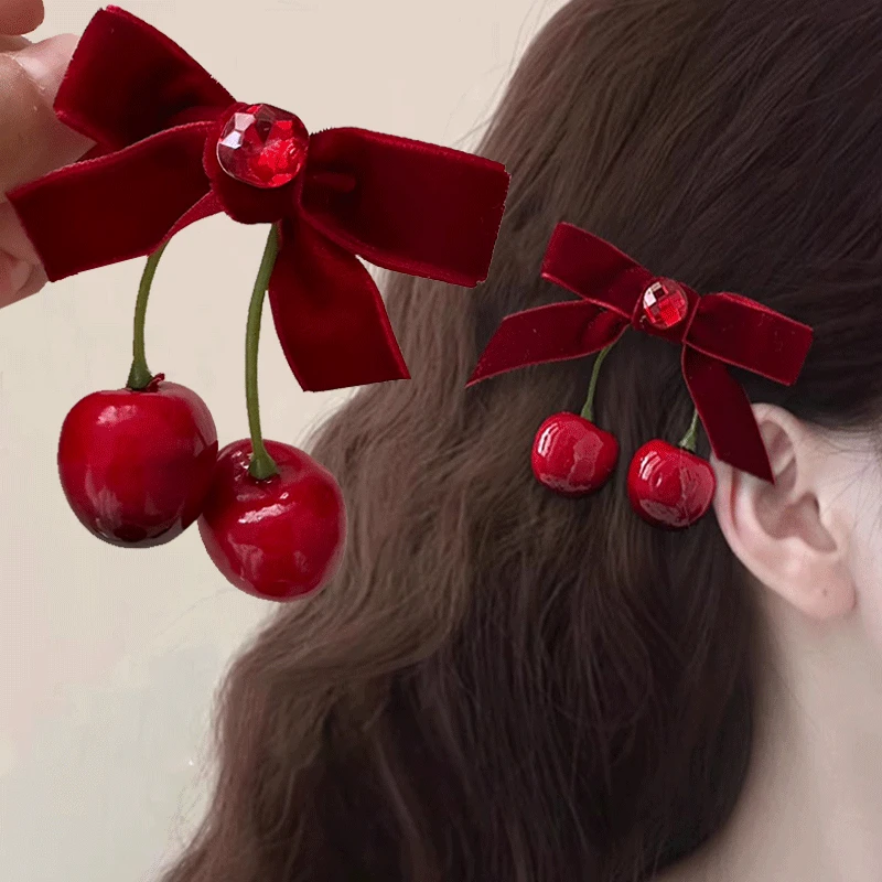 Red Velvet Cherry Hairpin Sweet Resin Fruit Side Clip Cloth Velvet Bow Hair Clip Bowknot Korean Style Headwear Hair Accessories