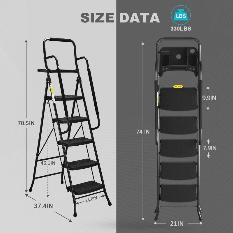 Escalera de 5 escalones HBTower, taburete plegable con pedal antideslizante ancho, escalera de acero resistente, pasamanos práctico, ligero