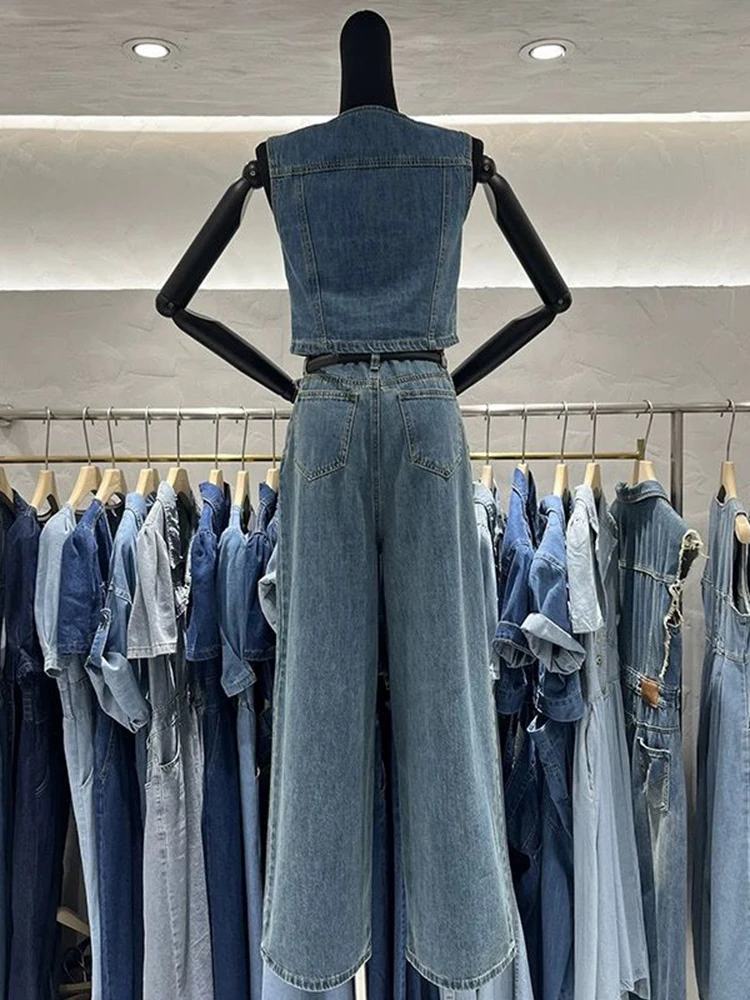 Summer Denim Two Piece Set For Women Sleeveless Tank Top Short Waistcoat Vintage Wide Leg Pants Long Jeans