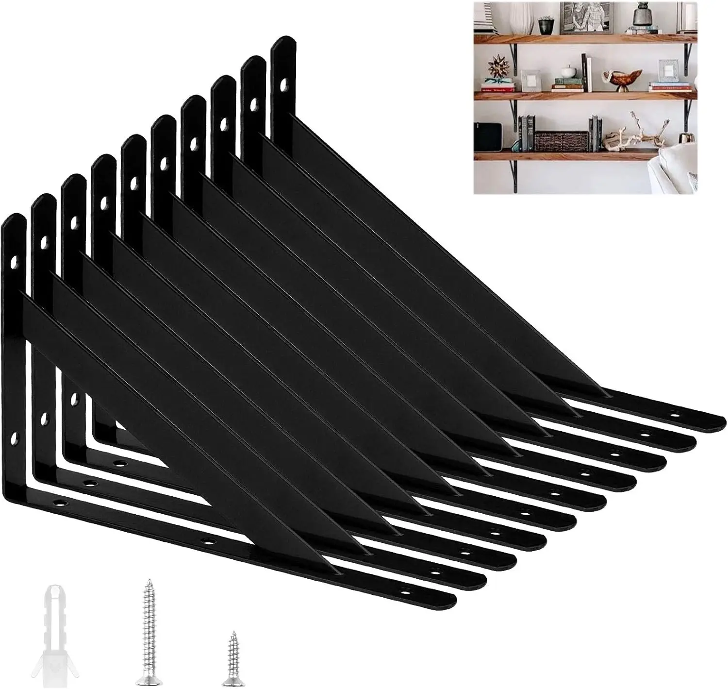 

10 Pack Heavy Duty Shelf Brackets 10 X 6 Inch Black Floating Shelving Brackets with 90 Degree Triangle Support Bracket L Bracket
