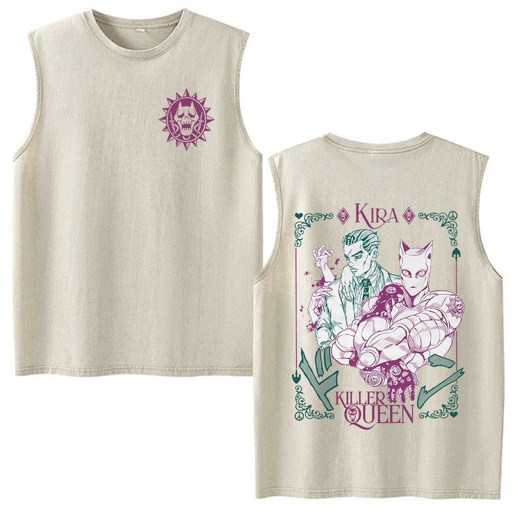 Anime Jojo Bizarre Adventure Kira Yoshikage Killer Queen Vintage Washed Tank Tops Men's Women Clothing Sleeveless Vest T-shirts