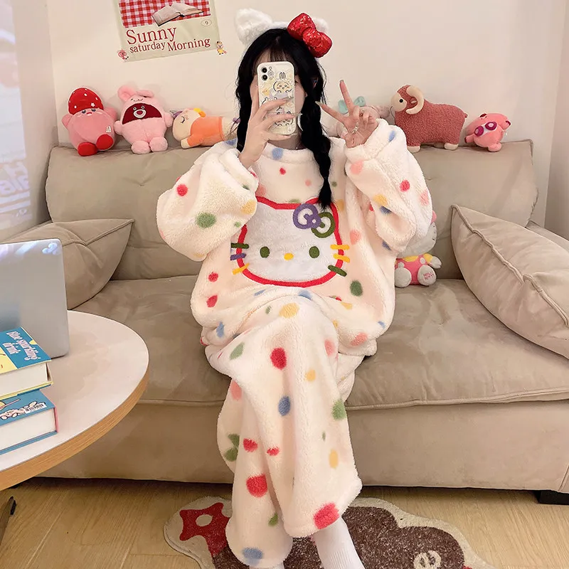 Cute Cartoon Polka Dot KT Cat Coral Fleece Sleepwear Women's Autumn and Winter New Warm Home Suit Set
