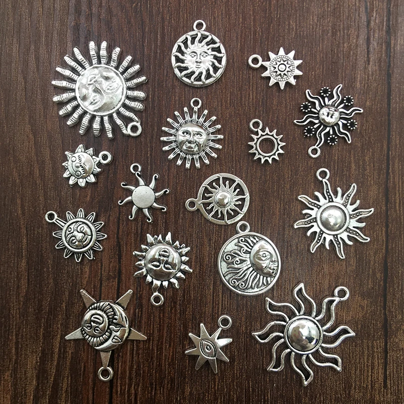 15pcs Zinc Alloy Charms Antique Silver Color Sun Shape Charms Pendants for DIY Necklace Bracelets Jewelry Making Accessories