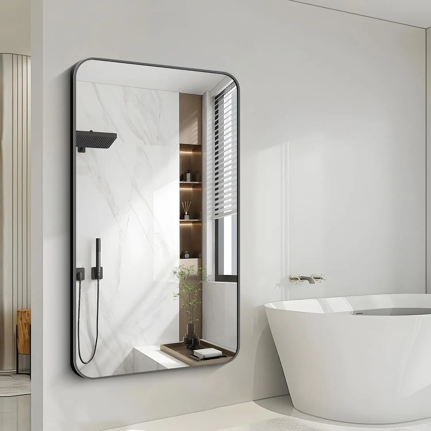 Large Bathroom Mirror 60X36 Inches, Black Oversized Wall Mirror For 2 Sinks Aluminum Frame Wall Mounted Rounded Corner Morndern