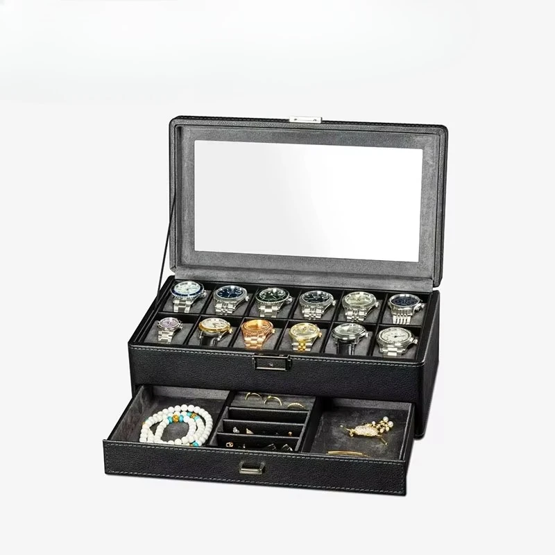 Organizador de óculos de jóias, couro rígido para viagem, caixa de armazenamento de relógio com 12 espaços, embalagem de exibição de caixa de relógio de veludo