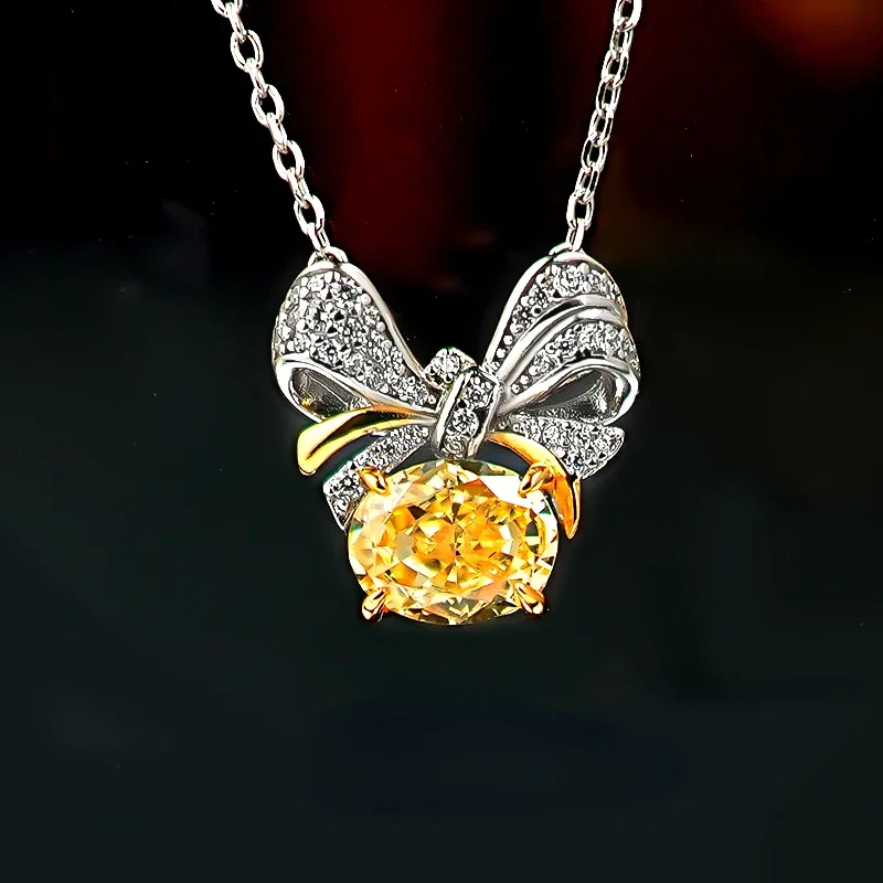 Thick colored yellow diamond necklace, bow ribbon, egg shaped 925 silver pendant, Redion ice flower cut