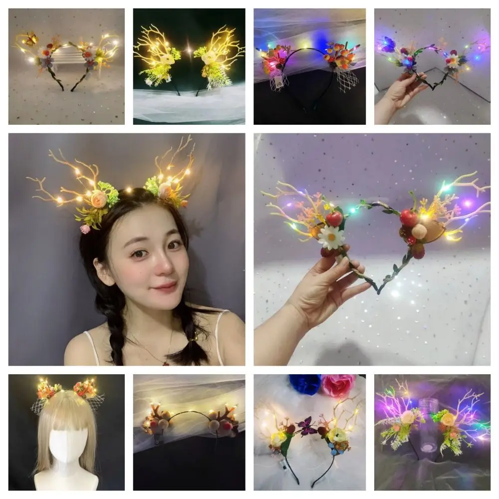 Sweet LED LED Christmas Headband Hair Hoop Flower Deer Ear Antler Headband Hair Ornament Luminous Glowing Headband Cosplay Pros