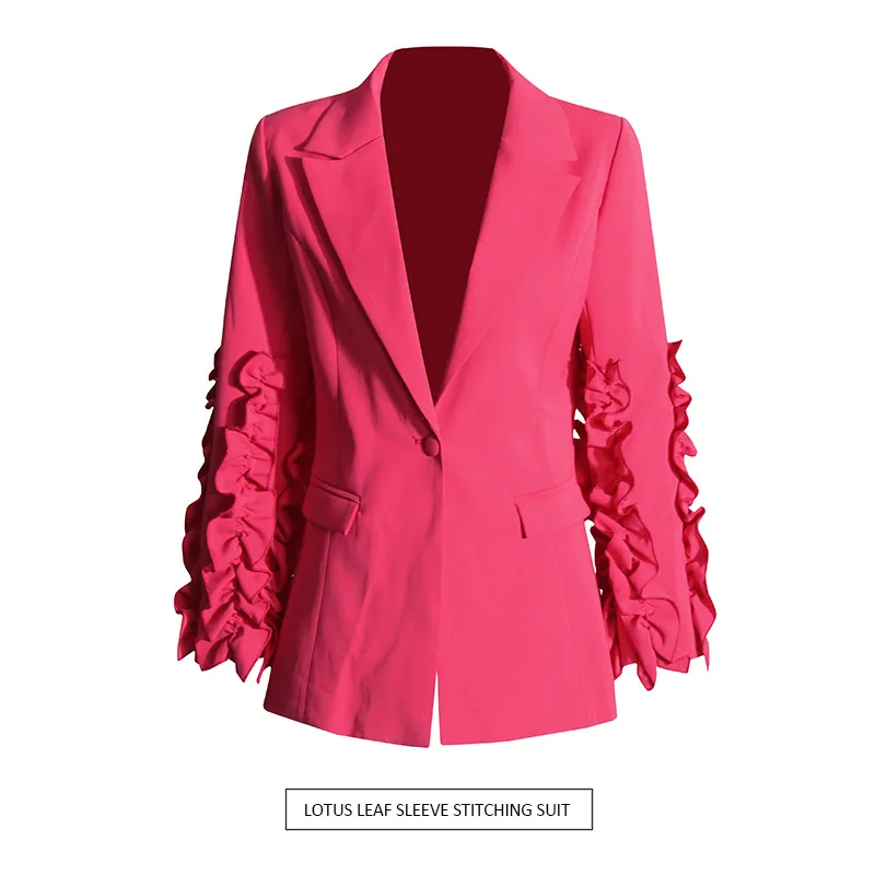 

European and American celebrities style splicing fungus edge design suit 2025 new niche solid color one-button blazer women