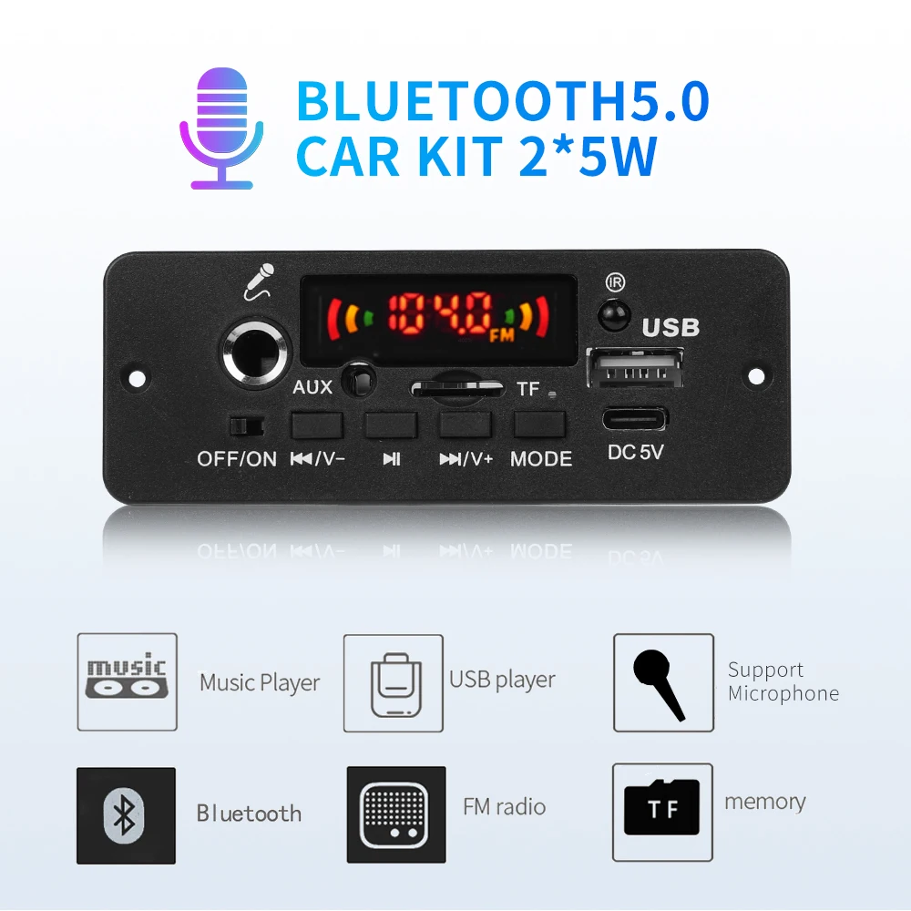 Power amplifier 2x5W Bluetooth 5.0 decoding board 5V With microphone Car Music Player Module  MP3 Decoder Board Lossless Audio