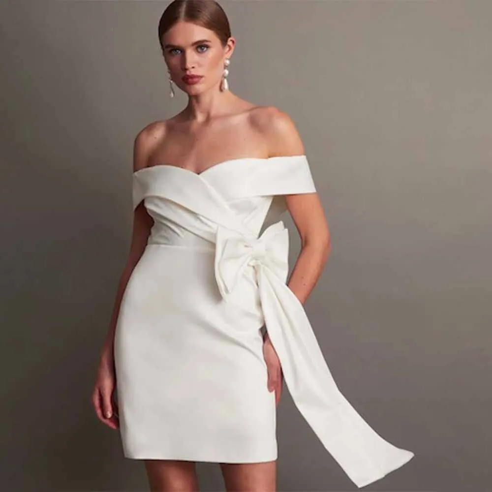 

Mini Wedding Dress Off the Shoulder Sheath/Column Short Wedding Gowns for Women 2024 Bride Bow Backless Simple Bridal Dresses