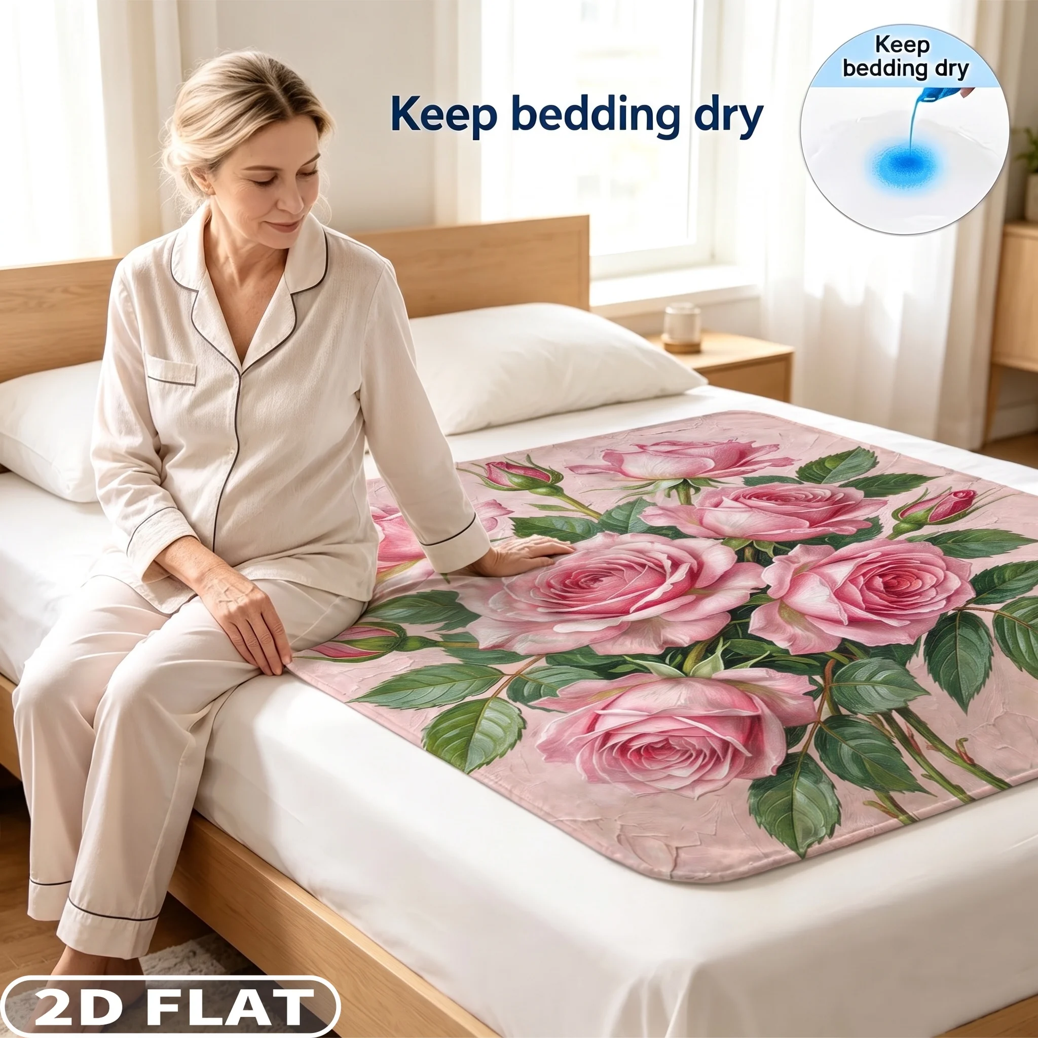 Pink Rose Oil Painting Design Reusable Machine-washable Pee Pads, 2D FLAT Printing, for Pet Toilet Training, Soft Texture