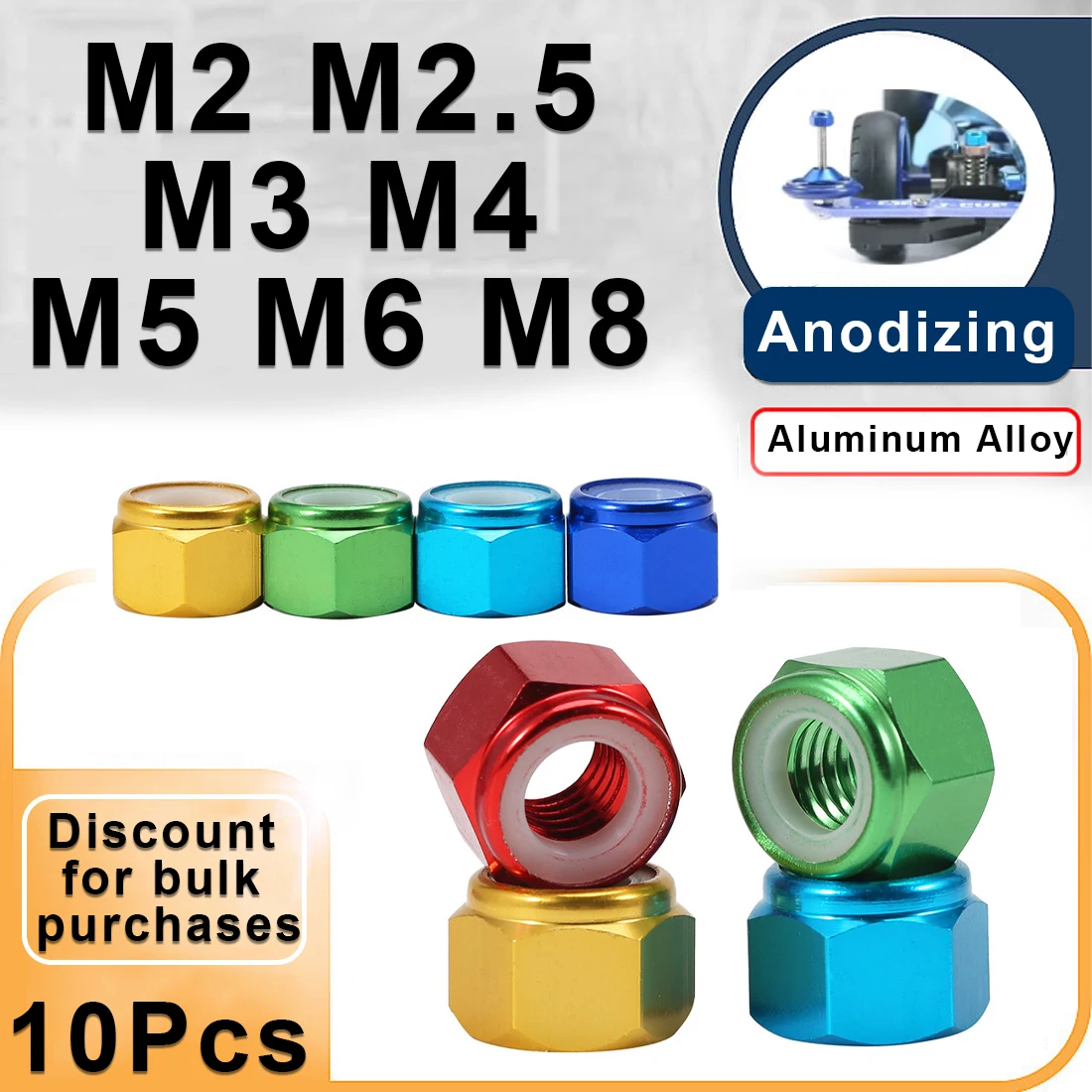 

10Pcs Colorful Anodized Aluminum Locking Hexagon Nuts M2 M2.5 M3 M4 M5 M6 M8 Nylon Hexagon Insert Locking Nut Self locking Nuts
