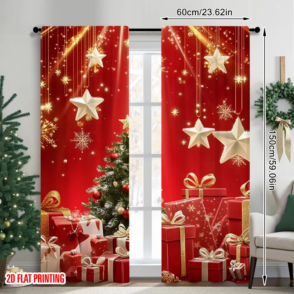 2pcs 2D flat printing Christmas Curtains Christmas trees and gifts Versatile 100% Polyester Without Electricity Spring for gold