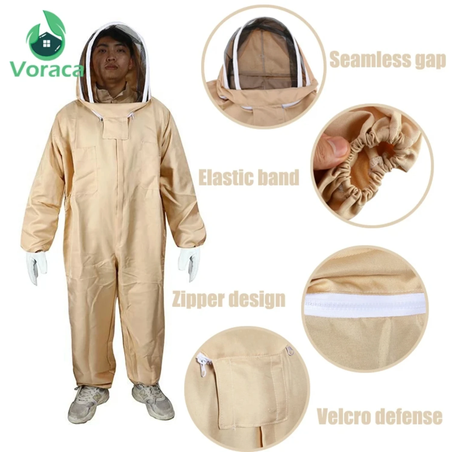 Professional Ventilated Full Body Beekeeping Suit with Leather Gloves Unisex Design Siamese Bee Clothing Beige Anti-Bee Coat