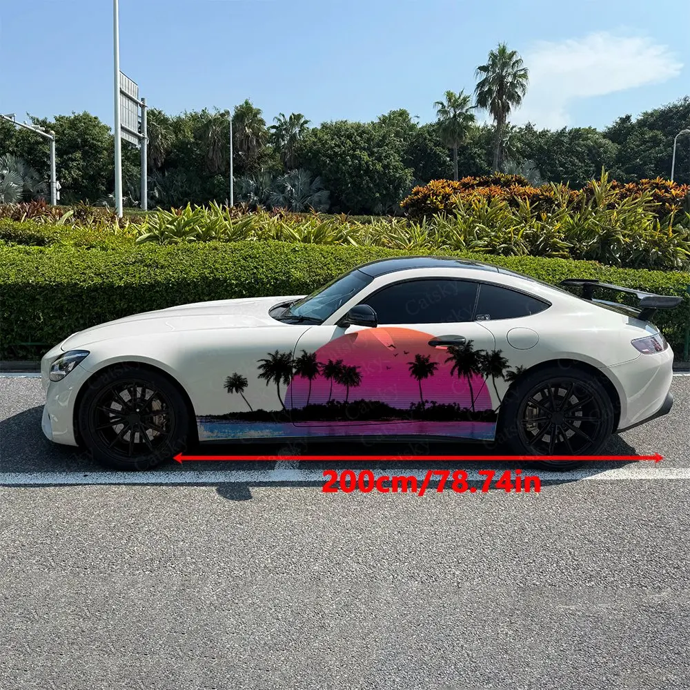 2pcs Coastline Palm Tree Silhouette Car Side Wraps, Self-Adhesive PVC Waterproof & Scratch-Resistant Sticker, Car Accessory Gift