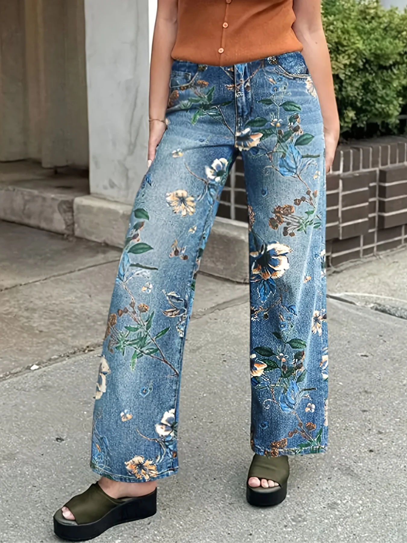

Women's mid high waist floral print straight leg loose light blue jeans