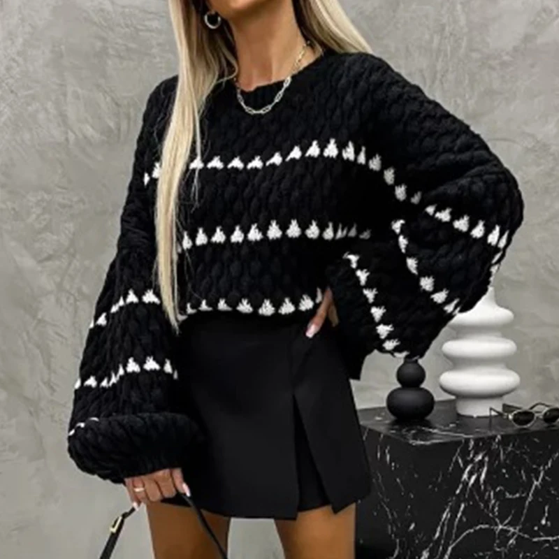 Casual O Neck Striped Knitted Pullover Sweater Lady Casual Crochet Lantern Sleeve Loose Sweater Office Elegant Patchwork Sweater