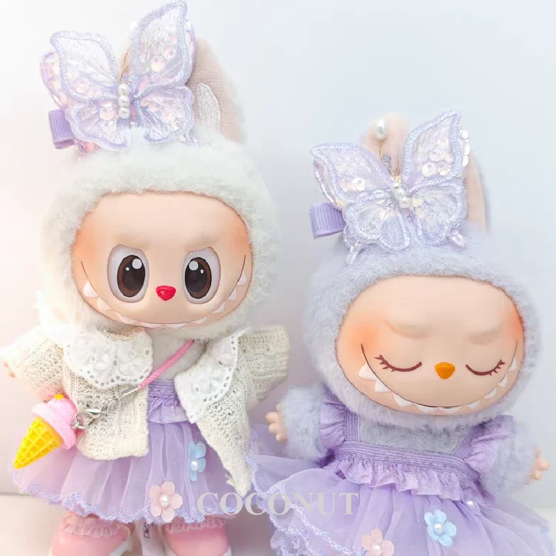 Conjunto de diseño de mariposa púrpura para Mini Ropa de muñeca Labubu de 17cm, vestido de Hada de las flores, Ropa de moda, traje con sombrero y zapatos