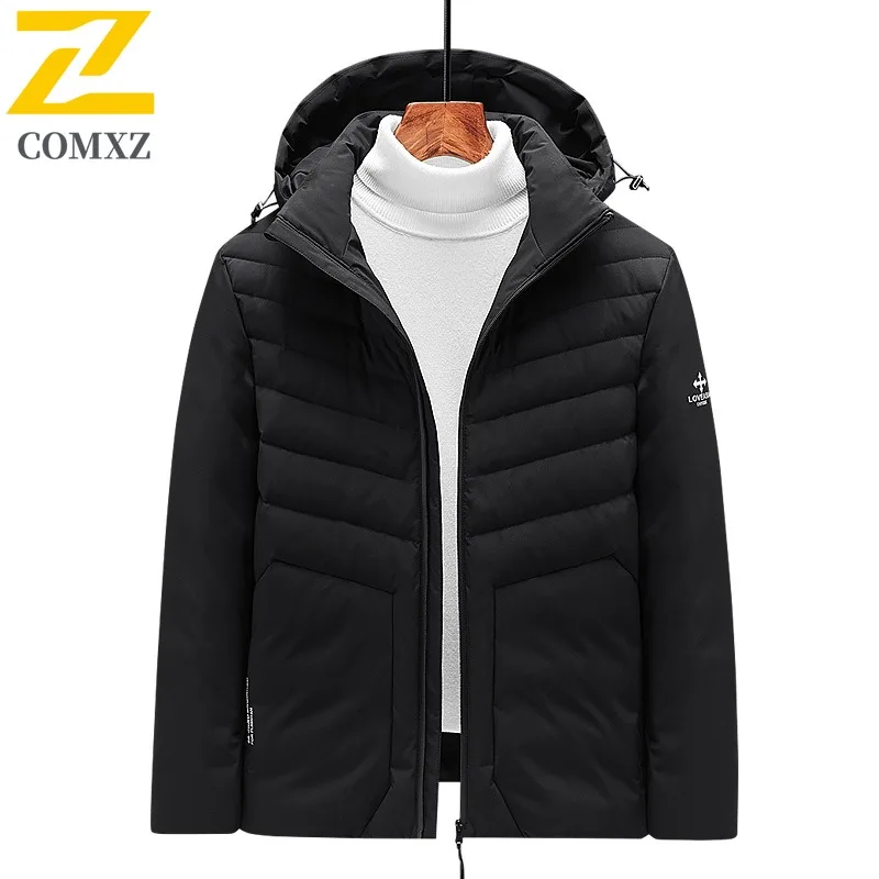 COMXZ الشتاء سترة منفوخة 2025 عادية مقنعين التنقل مكتب يندبروف أسفل معطف سليم صالح الأبيض بطة أسفل الملابس سميكة
