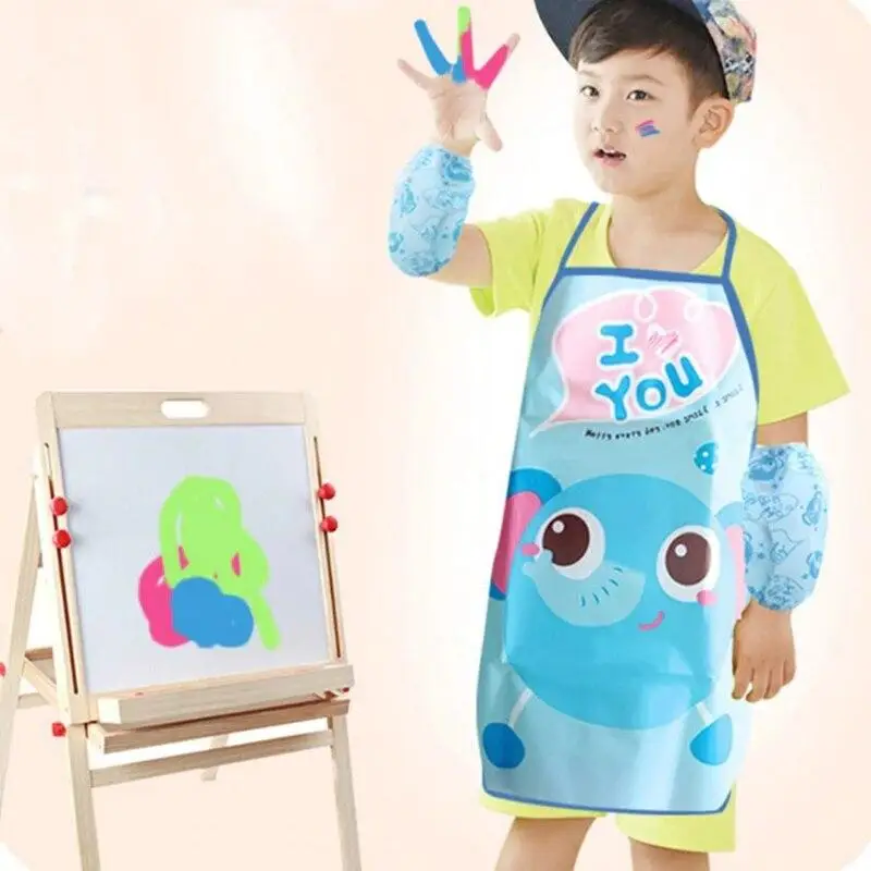 1Set New Child Kid Cartoon Apron Cuff Kit Kitchen Art Baking Painting Pinafore+Arm Sleeve PE PVC Waterproof Aprons