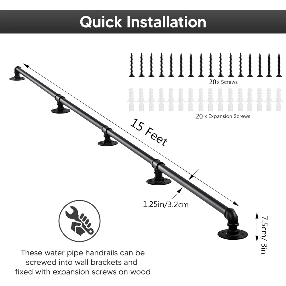 درابزين معدني لأنابيب الحديد الصناعية للسلالم الداخلية - قضيب إمساك غير قابل للانزلاق على الحائط بطول 15 قدمًا - مقبض آمن لسطح الشرفة على الدرج #2