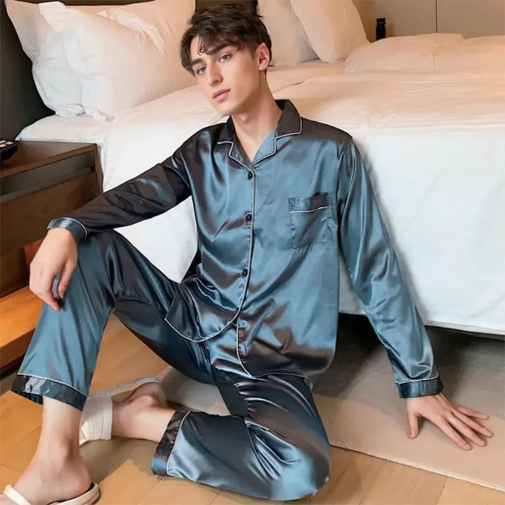 Men Pajama Sets Microfiber Sleepwear Sleeping Man Shirt Satin Long Sleeve Pyjama Male Home Wear Plus Size Loungewear Nightgown