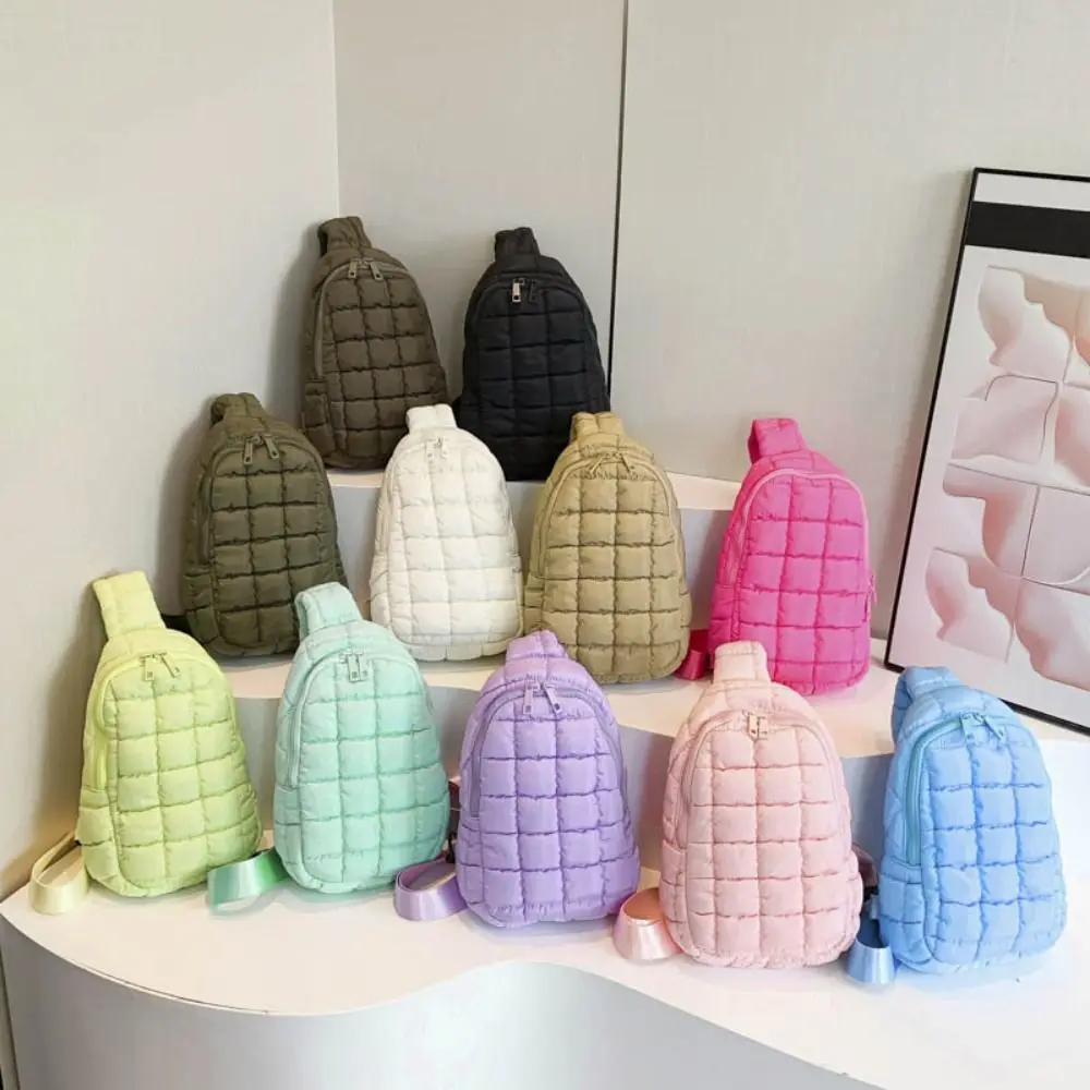 Fashion Large Capacity Cotton Filled Shoulder Bag Nylon Cotton Filling Lingge Shoulder Bag Solid Color Quilted Handbag Girls