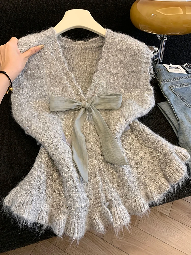 

Chao Level Recommendation Knot V-ne Knitted Vest Cardigan Women's Winter Korean Sle Unique Sweater Base Vest Top